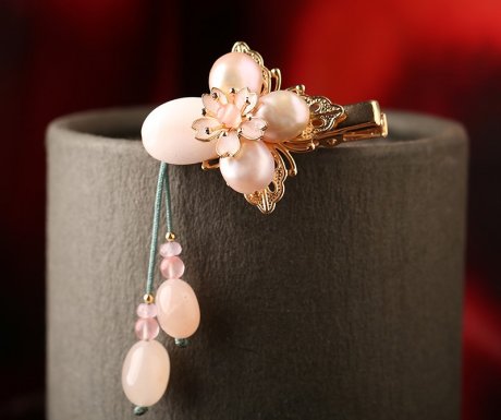粉嫩珍珠发夹，淡雅精致的古风头饰