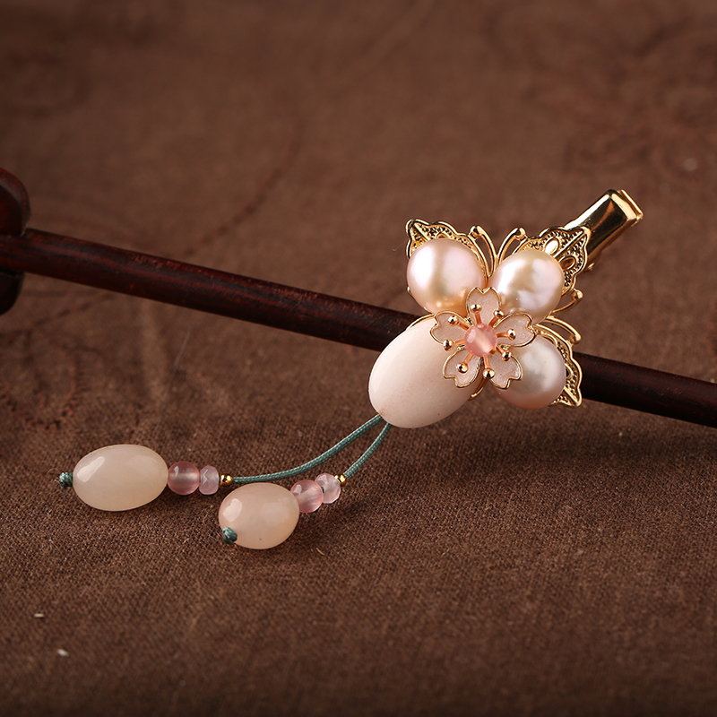 粉嫩珍珠发夹，淡雅精致的古风头饰