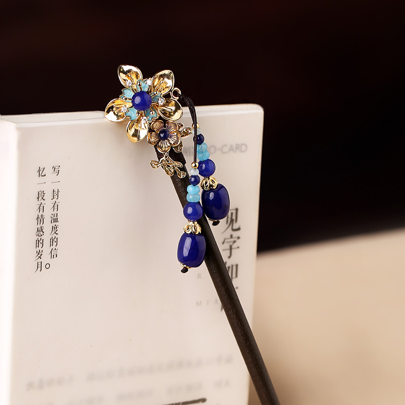 中式手工木簪子，蓝色发簪头饰
