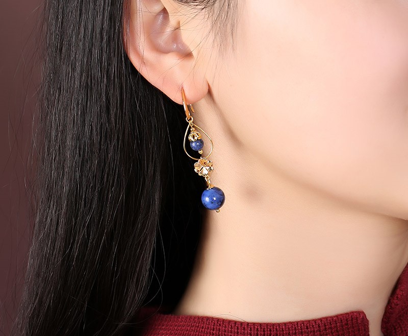 民族风森系耳环，水墨蓝纹石首饰
