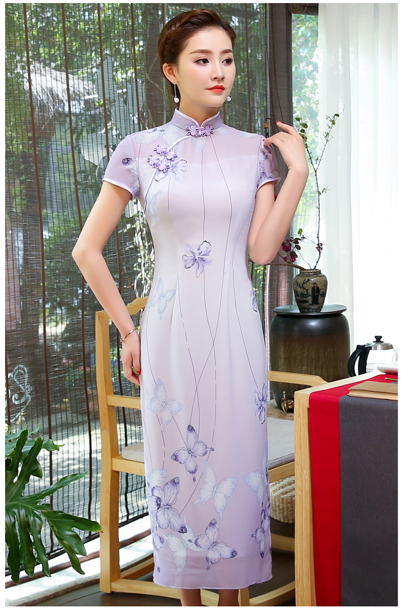 淡紫色旗袍，紫蝶唯美旗袍裙