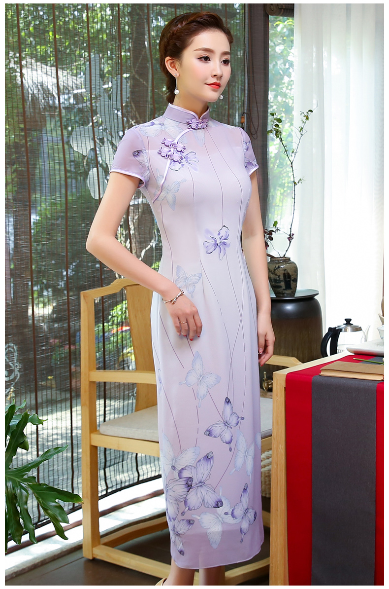 淡紫色旗袍，紫蝶唯美旗袍裙