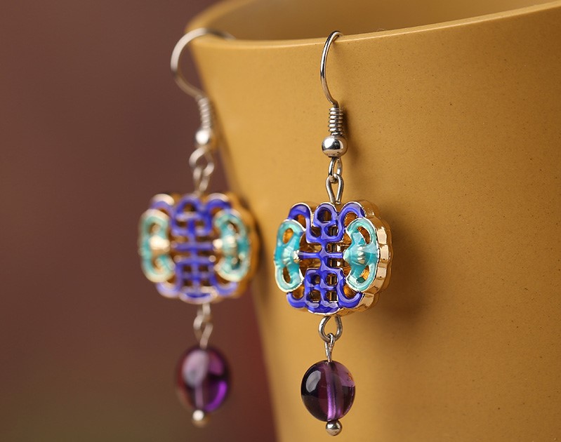 古典景泰蓝耳环，紫水晶吊坠耳环首饰