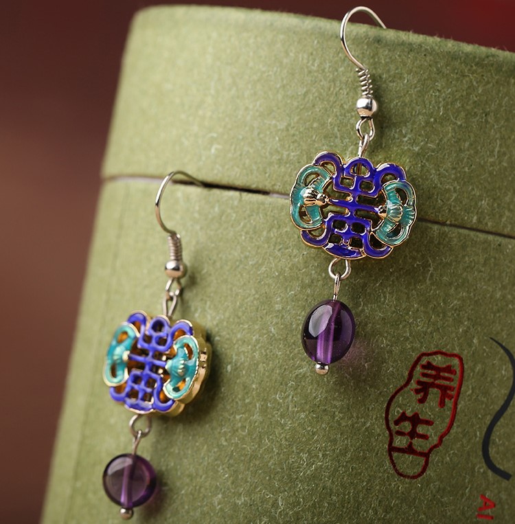 古典景泰蓝耳环，紫水晶吊坠耳环首饰