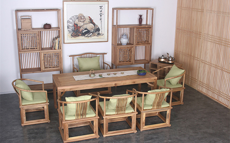 老榆木简约免漆新中式茶桌椅组合