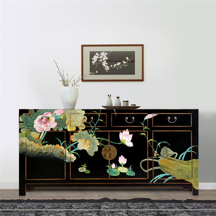 新中式古典手绘莲花客厅柜