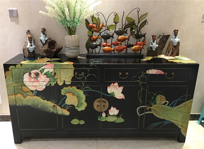 新中式古典手绘莲花客厅柜