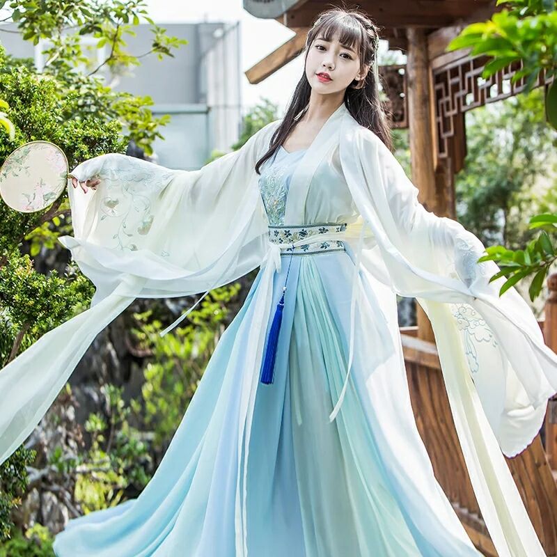 古风淡蓝仙女汉服，清新淡雅襦裙汉服图片