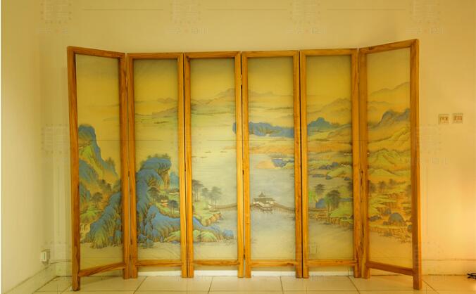 新中式山水花鸟绢布折叠屏风