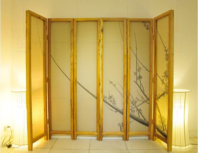 中式手绘麻布花鸟屏风图片