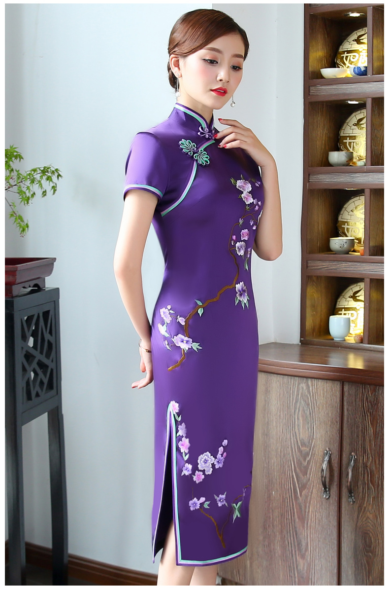 精致绣花高贵紫旗袍，时尚典雅旗袍裙