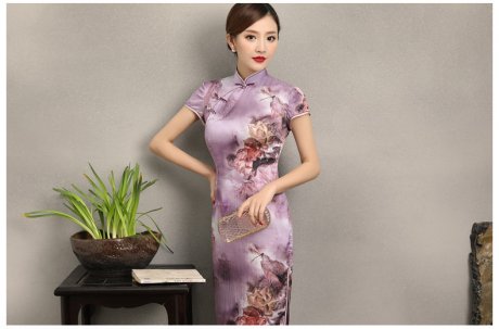 淡紫清新印花旗袍，高贵典雅旗袍裙