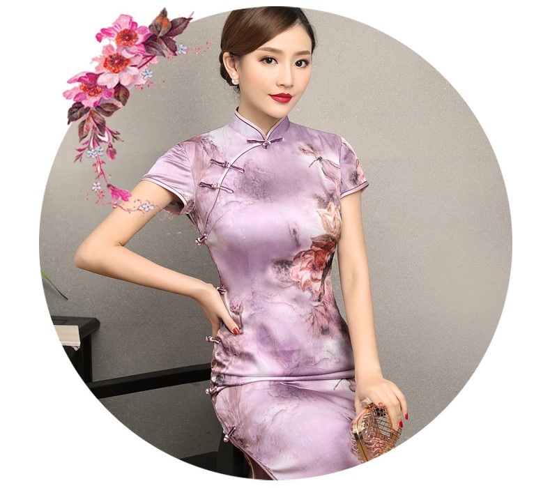淡紫清新印花旗袍，高贵典雅旗袍裙