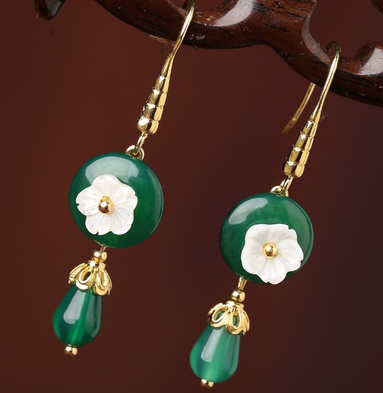 复古小花朵绿玛瑙耳环，古风文艺复古首饰