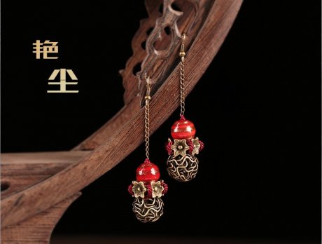艳尘复古中国风气质耳环，古风红色琉璃首饰