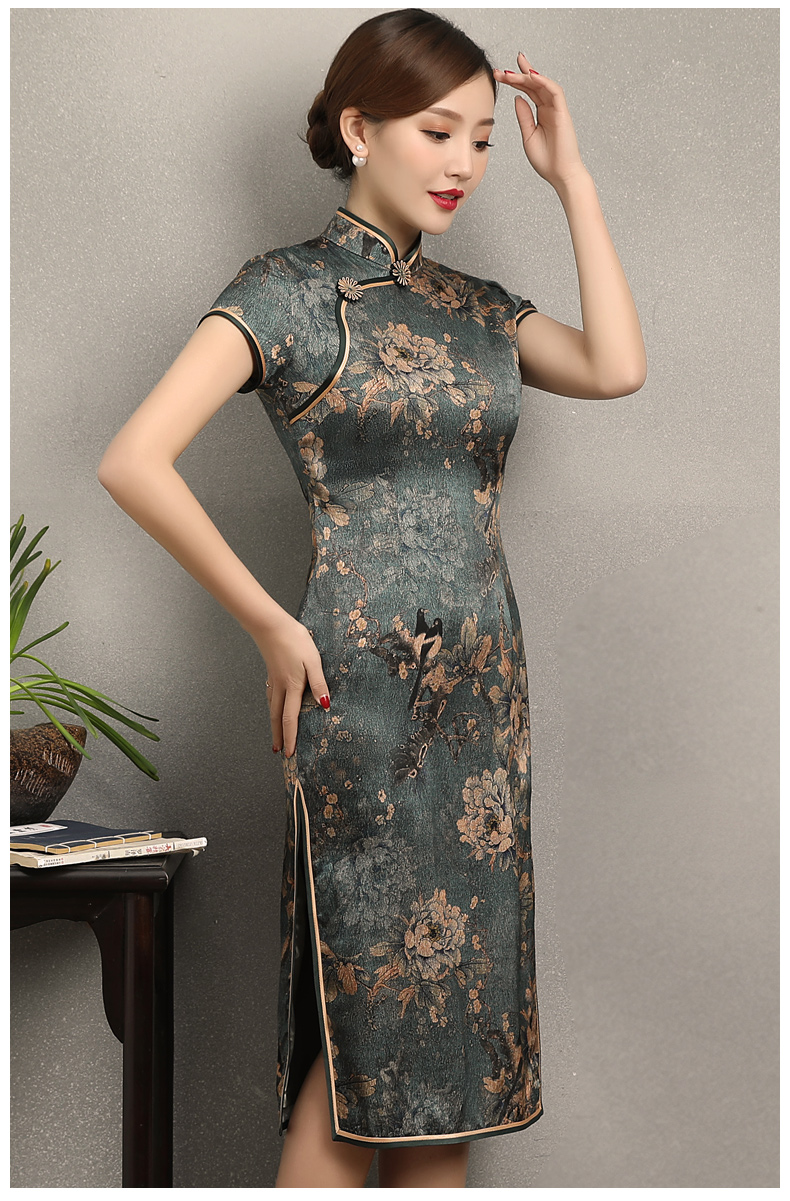 中国风花牡丹旗袍，复古典雅修身旗袍裙