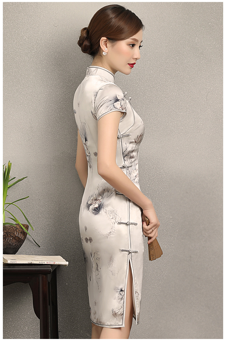 荷香四溢短袖旗袍，中式印花旗袍裙