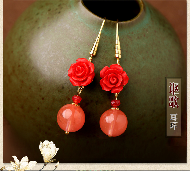 鲜红玫瑰花耳环，精致古风气质甜美耳环首饰
