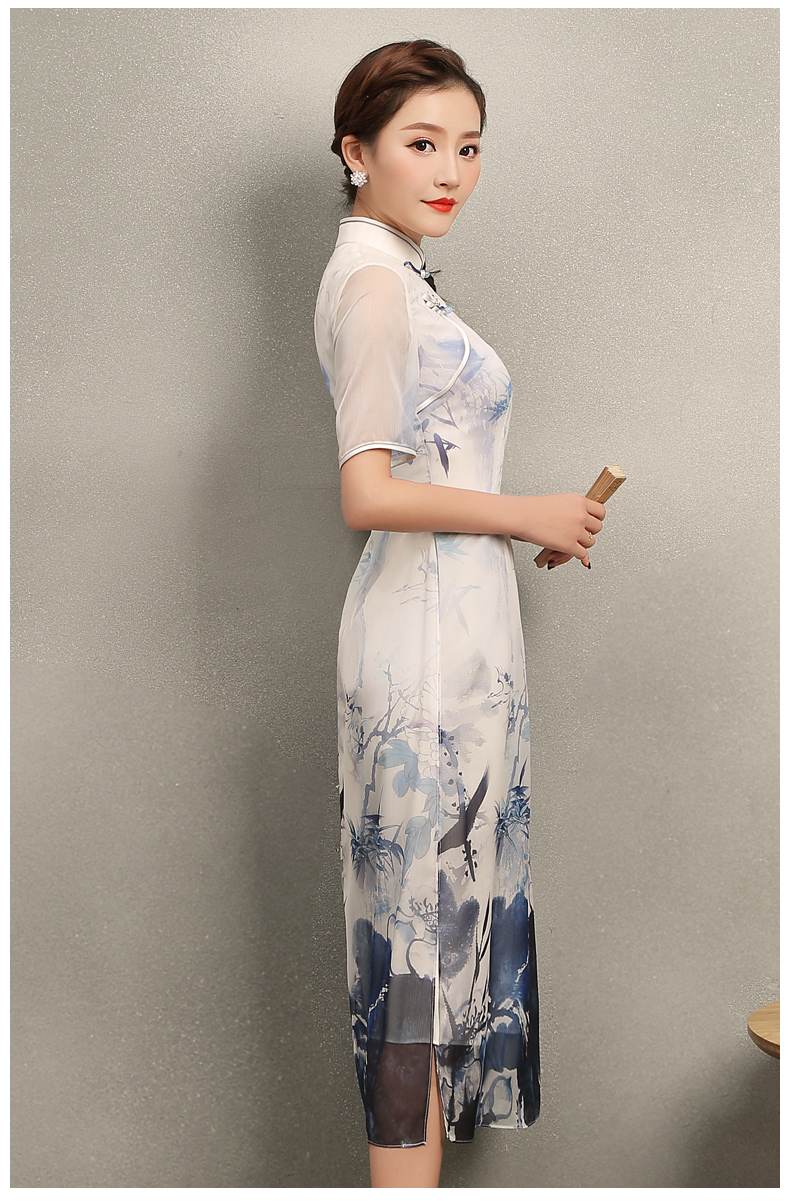 蓝伊水墨印花旗袍，中式修身短袖旗袍裙