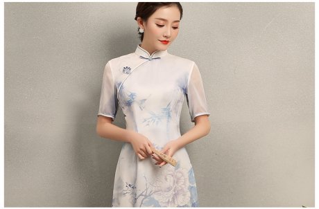 蓝伊水墨印花旗袍，中式修身短袖旗袍裙