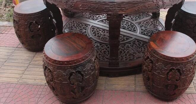 老挝大红酸枝全黑料圆鼓凳