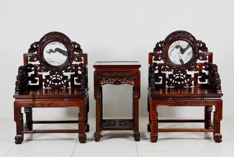 老挝大红酸枝灵芝太师椅茶几三件套