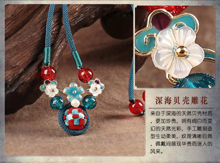 蓝色琉璃吊坠中国风锁骨链，古风简约花朵项链
