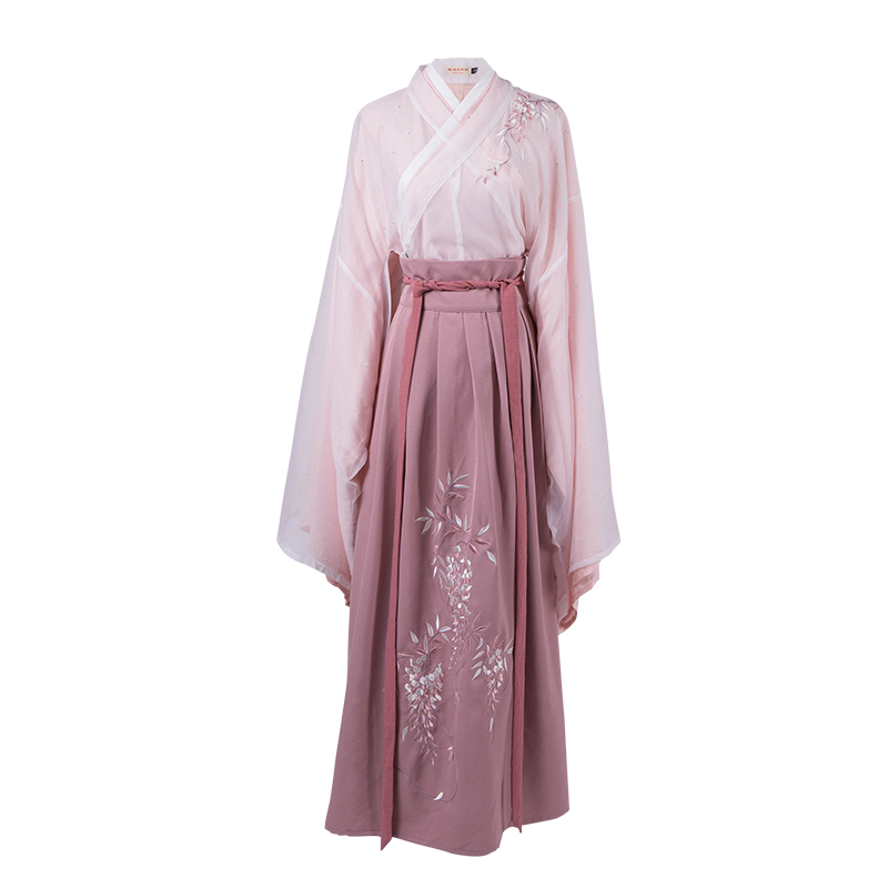 小清新粉色紫藤萝刺绣汉服，大袖交领襦裙汉服