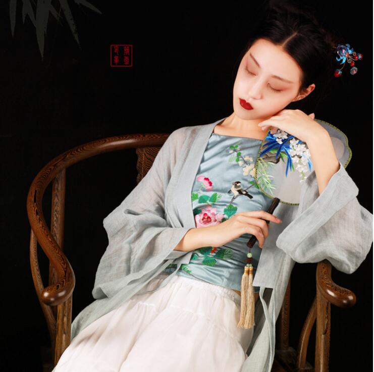 简洁中式麻纱汉服，开衫披风褙子汉服图片