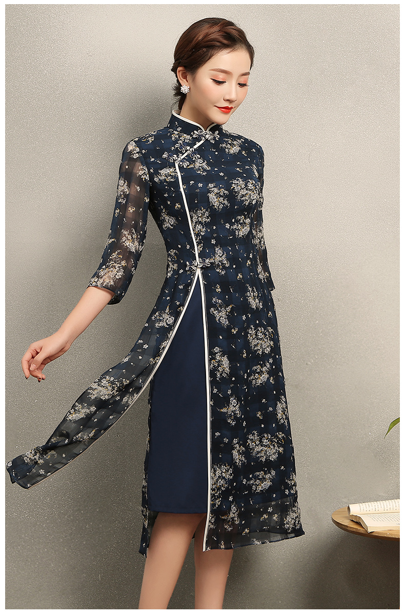 复古格子蓝侣旗袍，藏蓝色印花旗袍裙