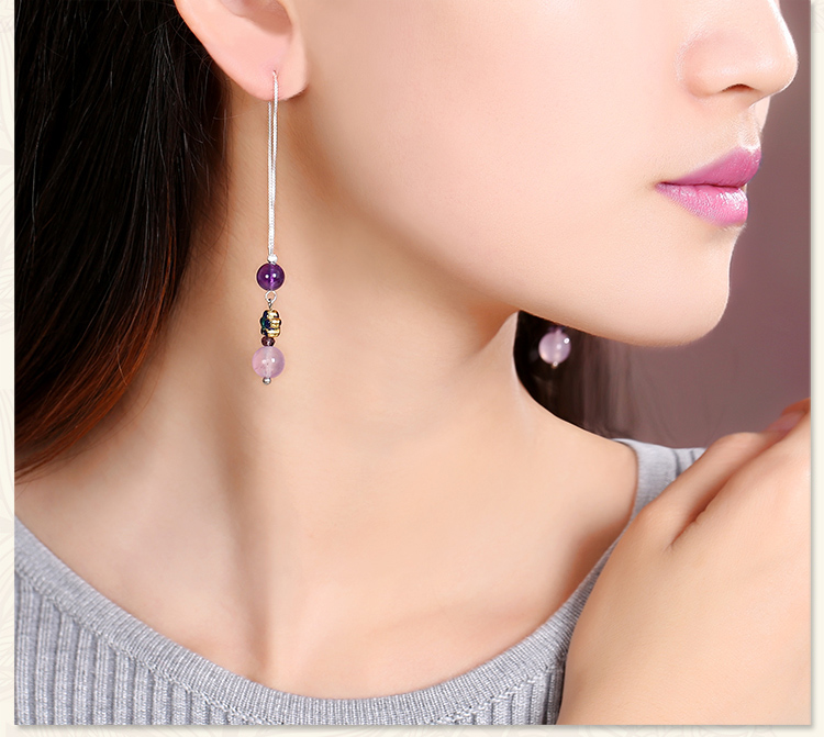 紫色小巧时尚耳饰，古典银线长款耳环