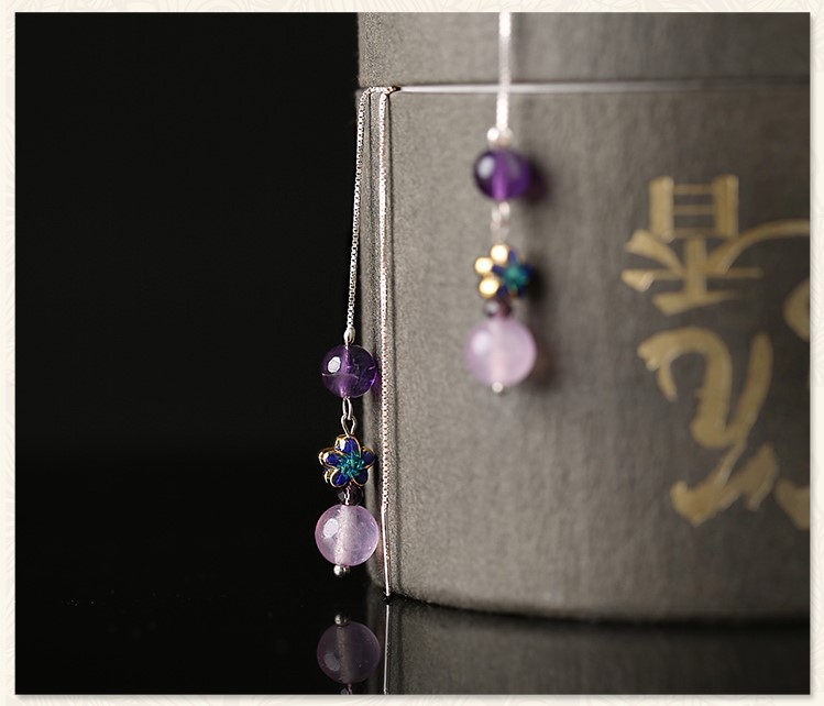 紫色小巧时尚耳饰，古典银线长款耳环