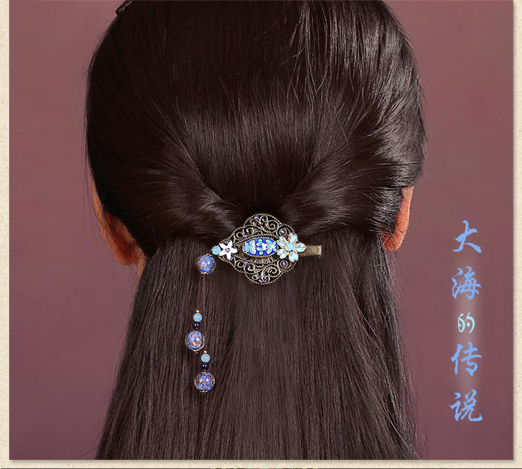 蓝色大海的传说：古典流苏中式琉璃发夹头饰