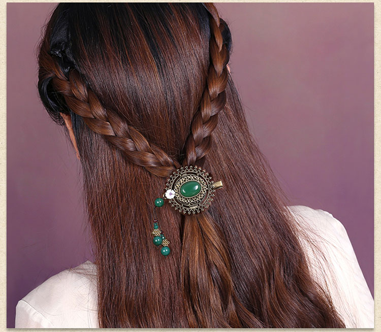 复古绿色玛瑙发夹，古铜镂空蕾丝边发夹头饰