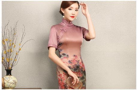 红莲花短袖旗袍，优雅复古风旗袍裙