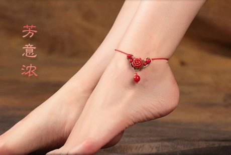 红色玫瑰花脚链复古中国风饰品