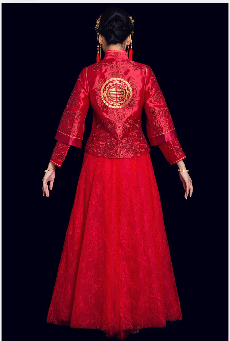 复古时尚中式礼服：盘金刺绣红栀新娘礼服