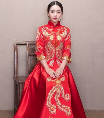 古典中国风喜字新娘礼服,凤凰刺绣中式礼服