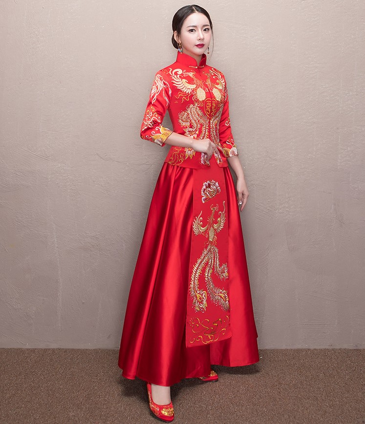 古典中国风喜字新娘礼服,凤凰刺绣中式礼服