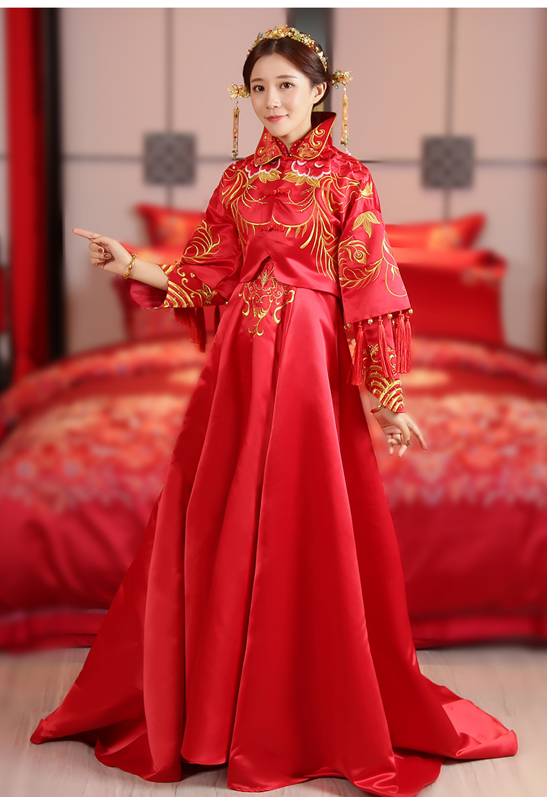 中国红气质拖尾新娘礼服,唯美刺绣中式礼服