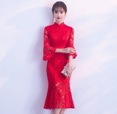 红色性感蕾丝中式礼服，中式复古晚礼服