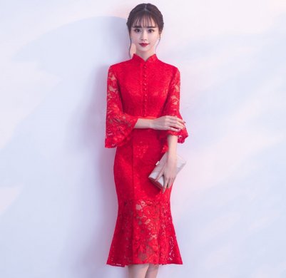 红色性感蕾丝中式礼服，中式复古晚礼服