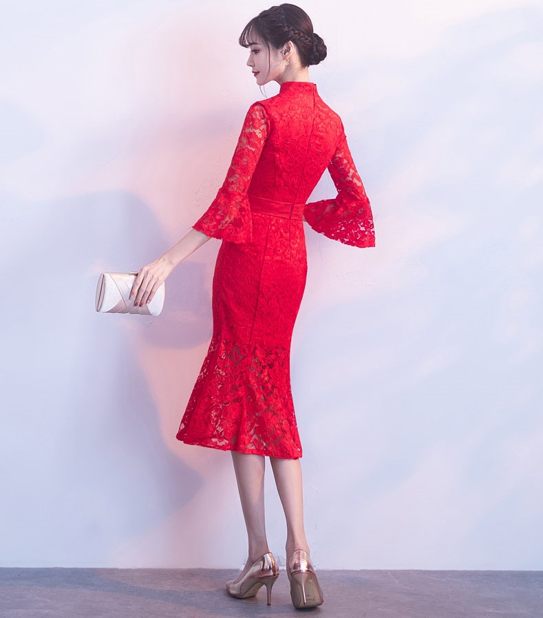 红色性感蕾丝中式礼服，中式复古晚礼服