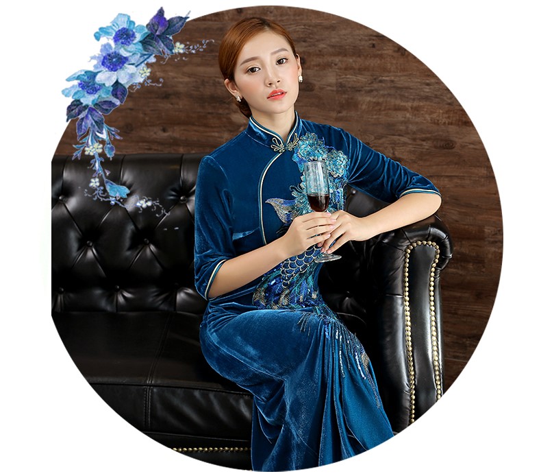 蓝色凤恋旗袍，丝绒绣花旗袍裙