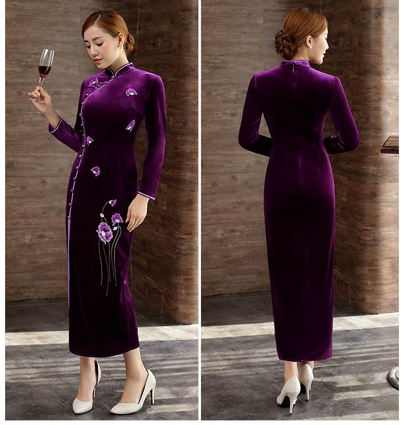 紫色飘朵唯美旗袍，丝绒古典旗袍裙