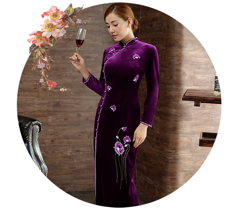 紫色飘朵唯美旗袍，丝绒古典旗袍裙
