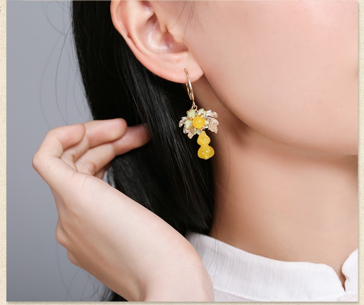 中国风黄色葫芦耳坠耳环,复古气质耳环