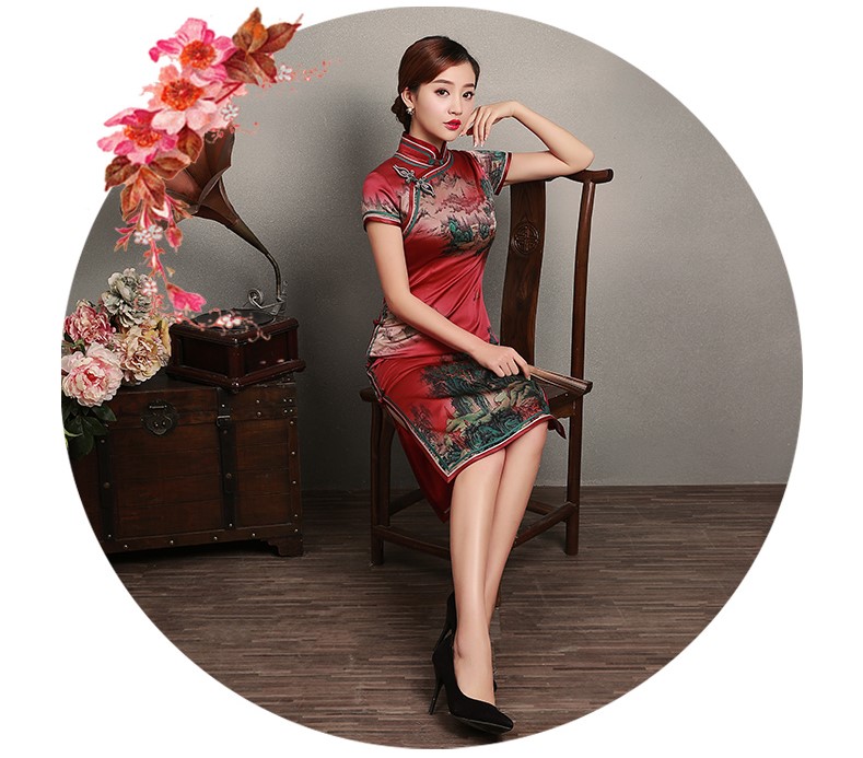红色山岳短袖旗袍，蚕丝时尚旗袍裙