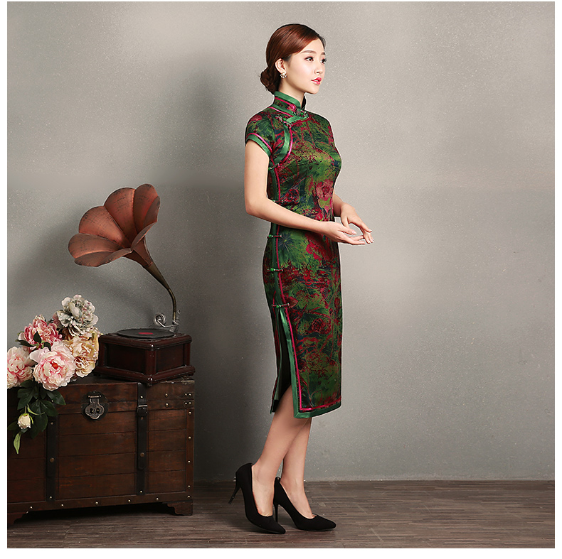 复古墨绿抽象色彩短袖旗袍，蚕丝时尚旗袍裙