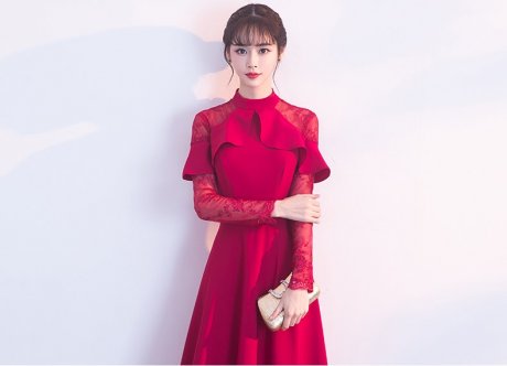 红色长款中式礼服，荷叶边气质晚礼服裙